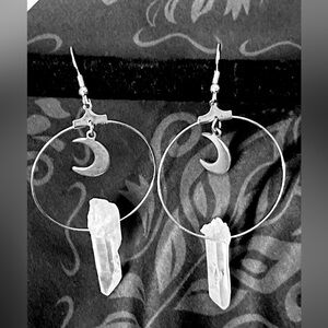 Stunning Raw Mother Quartz Crescent Moon Hoops. STERLING silver.